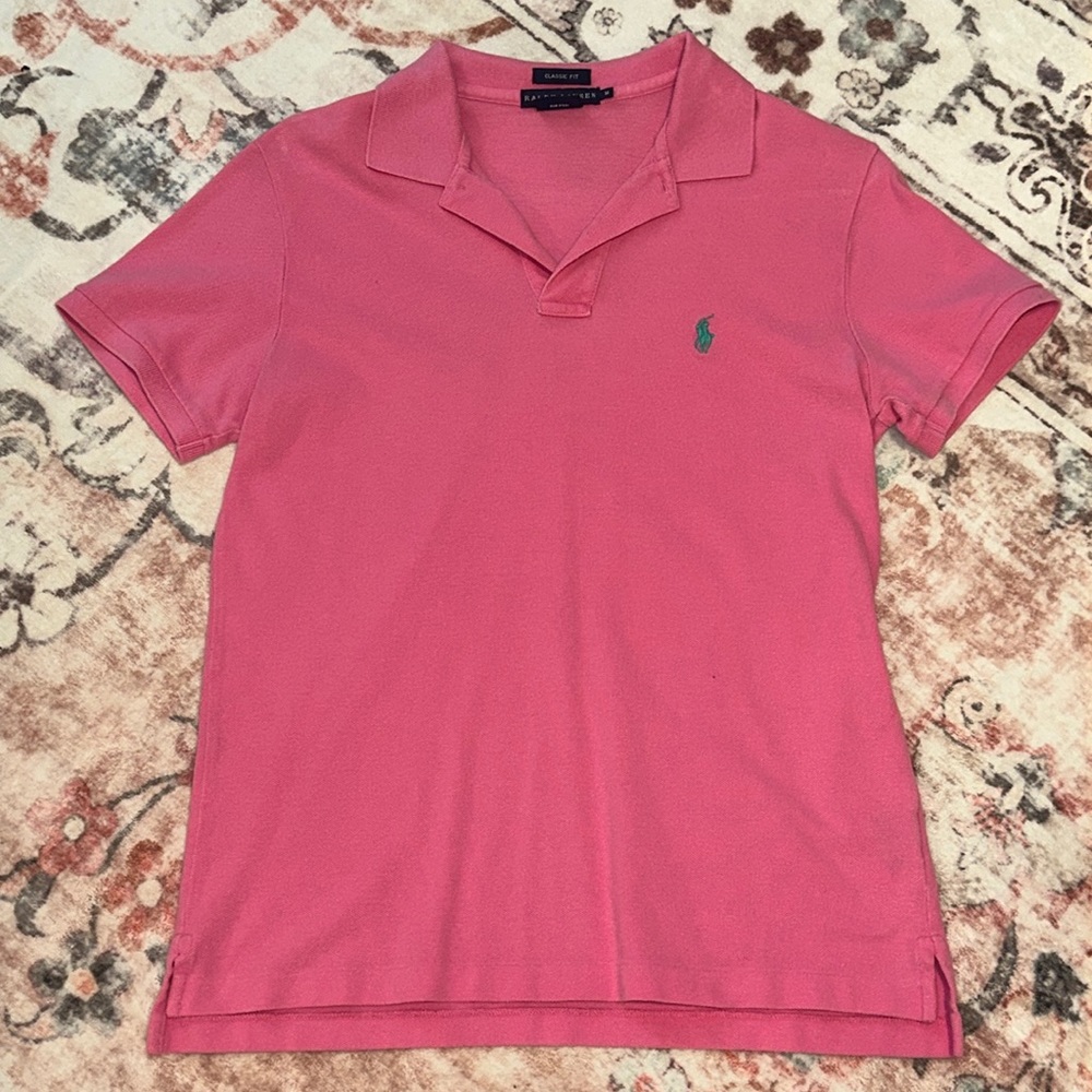 Ralph Lauren medium women’s classic fit pink short sleeve polo with green logo